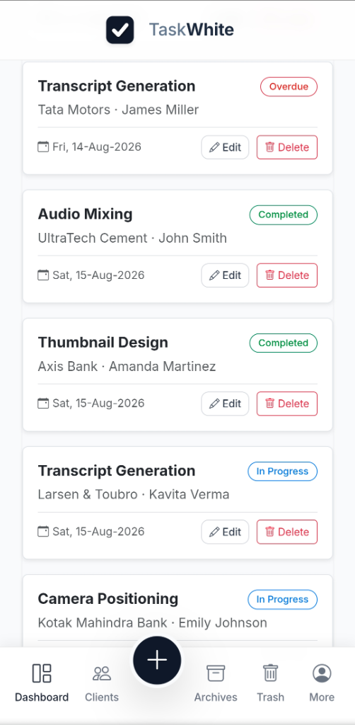taskwhite mobile dashboard